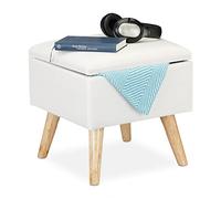 Relaxdays 10029605_49 Tabouret avec Espace de Rangement, rembourré Lin Artificiel, Pieds en Bois, Couvercle, HlP 40x40x40cm,Blanc, MDF, Tissu, 1