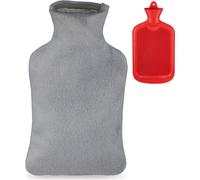 Relaxdays Bouillotte, avec Housse Moelleuse, 2 litres, Caoutchouc Naturel sans Odeur, Eau Chaude, Gris/Rouge