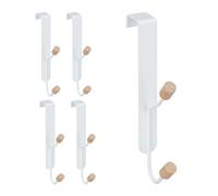 relaxdays Crochet de porte, lot de 5, scandinave, patères doubles, fer & bois, H x L x P 16 x 2 x 7 cm, blanc/nature