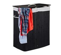Relaxdays 1x Corbeille à Linge Bambou avec Couvercle, Panier rectangulaire, 2 Compartiments, Volume de 95 litres, Pliable, Noir