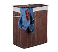 Relaxdays 1x Corbeille à Linge Bambou, Panier à Linge 2 Compartiments, Coffre Pliable Couvercle 95 litres, bac à Linge, Marron