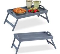 2X Tablette de Lit Bambou Pieds Rabats Rebords Plateau de Service & Petit Déjeuner, HLP : 6,5 x 50 x 30 cm, Gris