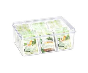 Relaxdays 2X Boîtes à thé, Coffret, 90 sachets thé, Couvercle, 6 Compartiments, HxlxP: 9 x 21,5 x 14,5 cm, Transparent