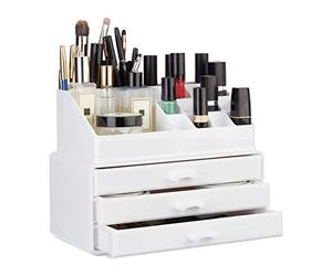 Relaxdays 2X Organiseurs de Maquillage, boîte Rangement Make up avec tiroirs, Salle de Bain, Coiffeuse, Support empilable, Blanc