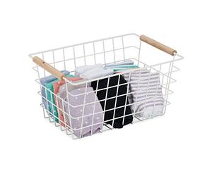 Relaxdays 2X Paniers Fil métal, poignées Bois, rectangulaire, Design quadrillé, vêtements, Accessoires, HxLxP: 16x31x21 cm, Blanc