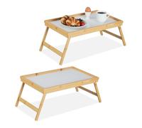 Relaxdays 2X Plateaux de Lit Table de Petit-déjeuner Bambou Plateau Service Pieds pliants Bois avec Tablette en Plastique, Nature