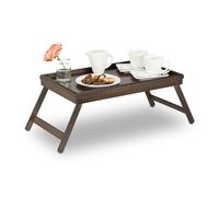 2X Tablette de Lit Bambou Pieds Rabats Rebords Plateau de Service & Petit Déjeuner, 22x64x31cm, Marron Foncé
