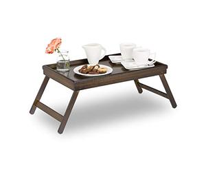 Relaxdays 2X Tablette de Lit Bambou Pieds Rabats Rebords Plateau de Service & Petit Déjeuner, 22x64x31cm, Marron Foncé