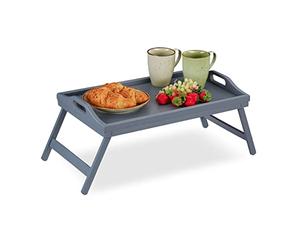 Relaxdays 2X Tablette de Lit Bambou Pieds Rabats Rebords Plateau de Service & Petit Déjeuner, HLP : 6,5 x 50 x 30 cm, Gris