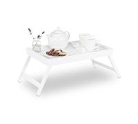 2X Tablettes de Lit Bambou Pieds Rabats Rebords Plateau de Service & Petit Déjeuner, HLP 22 x 64 x 31 cm, Blanc