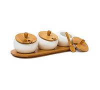 3 Pots d'épices JIAO en céramique Ménagère Couvercle et plateau en bambou