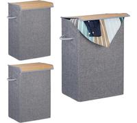 relaxdays 3 x Panier à linge avec couvercle Velcro gris