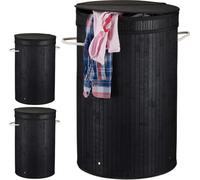 relaxdays 3 x Panier à linge en bambou avec couvercle noir