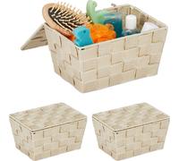relaxdays 3 x Panier de rangement avec couvercle beige