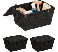relaxdays 3 x Panier de rangement avec couvercle noir