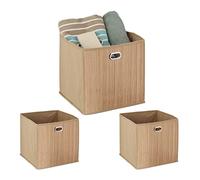 Relaxdays 3X paniers de Rangement Bambou, Corbeille de Salle de Bain carrée, boîte Haute, 31 x 31 x 31 cm, Pliable, Nature