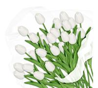 Relaxdays 48 Tulipes artificielles, 24 Fleurs réalistes, Tulipes décoratives en Plastique, Environ 33,5 cm, Blanc/Vert