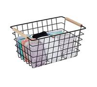 Relaxdays 4X Paniers Fil métal, poignée en Bois, rectangulaire, Design quadrillé, vêtements, Accessoires, HxLxP: 16x31x21 cm, Noir