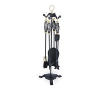 Relaxdays 5 pièces pour la cheminée, Pelle, Balai, Pince & serviteur, Fer, Accessoires poêle à Bois, Noir - doré