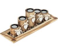 Relaxdays Porte-Bougies en lot avec Plateau et Pierres, 39,5 cm de Longueur, 5 bougeoirs, décoration Table Salon, Marron