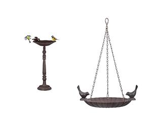 Relaxdays Abreuvoir en Fonte sur Colonne, Décoration pour Jardin,mangeoire avec Soucoupe, Marron & Fallen Fruits Ltd - Bain d’Oiseaux à Suspendre avec 2 Oiseaux - Marron