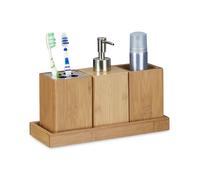 Relaxdays 10020224 Accessoires de bain porte brosse à dents porte-savon liquide 4 pièces en bambou nature