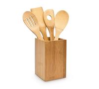 Relaxdays Set de 4 ustensiles de cuisine en bambou avec support carré, nature, marron