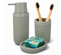 Relaxdays Accessoires de Salle de Bain, 3 pièces, Porte-Savon, Distributeur de Savon, gobelet, polyrésine, Gris Clair