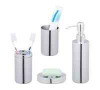 Relaxdays Accessoires de Salle de Bain, 4 pièces, en INOX Poli et Plastique, Design Moderne et harmonieux, argenté