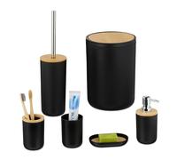 Relaxdays Accessoires de Salle de Bain, 6 pièces, en Plastique et Bambou, Set Complet, Noir et Nature