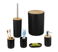 Relaxdays Accessoires de Salle de Bain, 6 pièces, en Plastique et Bambou, Set Complet, Noir et Nature