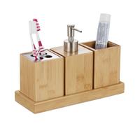 Relaxdays accessoires de salle de bain, lot de 4, bambou, distributeur de savon à pompe, gobelet à brosse à dents, bol, nature