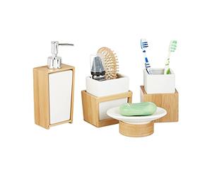 Relaxdays Accessoires salle de bain bambou céramique Set 4 pièces distributeur savon gobelet brosse à dent, nature blanc