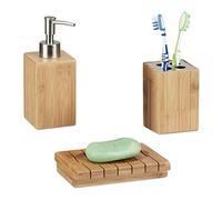 Relaxdays Accessoires salle de bain bambou Set 3 pièces distributeur savon gobelet brosse à dent porte-savon, nature