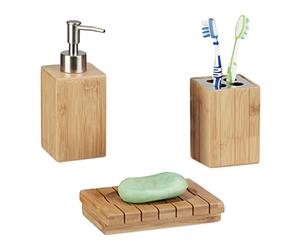Relaxdays Accessoires salle de bain bambou Set 3 pièces distributeur savon gobelet brosse à dent porte-savon, nature