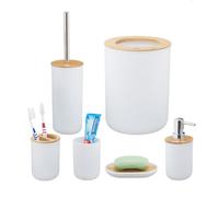 Relaxdays Accessoires Salle de Bain, Lot de 6, en Plastique et en Bambou, Ensemble Complet, Blanc