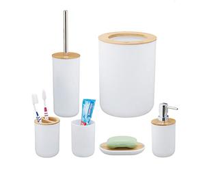 Relaxdays Accessoires Salle de Bain, Lot de 6, en Plastique et en Bambou, Ensemble Complet, Blanc