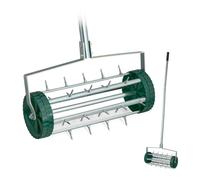 Relaxdays aérateur de Gazon Roulant, avec Manche, scarificateur Manuel, HBT : 145x44x21 cm, Rouleau à Gazon, Argent/Vert