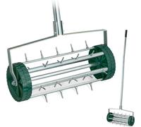 Relaxdays Scarificateur Manuel à roulettes, avec Manche, H x l x P : 145 x 44 x 21 cm, Rouleau à Gazon avec Pointes, argenté/Vert