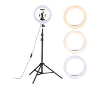 Relaxdays Anneau LED sur Pied, Lampe 10" réglable, créations artistiques, Photos, vidéos, Support Portable, Blanc - Noir