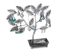 Relaxdays Arbre à bijoux, avec rangement, porte-boucles d’oreilles pour 68 paires, fer, HLP 31x31x8,5 cm, noir/argenté