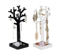relaxdays Arbre à bijoux, lot de 2, avec rangement, pour colliers, bagues, bracelets, HLP 28,5x14,5x9,5 cm, noir-blanc