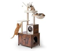 Relaxdays Arbre à Chat avec Meuble pour litière, 150x60x49 cm, Marron/Blanc