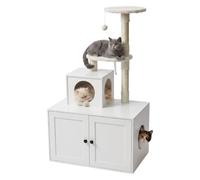 Relaxdays, Arbre à Chat avec Placard pour bac à litière, 2 Plateformes, Portes magnétiques, Panneau MDF, Blanc