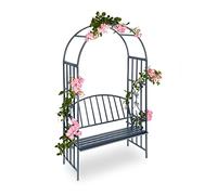 Relaxdays Arche à roses pour jardin avec banc 2 métal en métal arceau colonne décoration HxlxP: 205 x 115 x 50 cm, gris