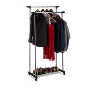 Relaxdays, argent/noir Portant à vêtements à roulettes, 2 tringles, porte-manteaux, rangement chaussures, 162x150x48 cm, inox, PP, non-tissé, 162 x 150 x 48 cm