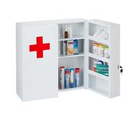 Relaxdays Armoire à Pharmacie XXL, verrouillable, 11 Compartiments, Acier, HxLxP: 53,5x53x19 cm, 2 Portes, Blanc - Rouge