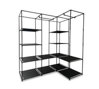 Armoire d'angle Relaxdays, H x L x P : 170 x 130 x 41 cm, 2 barres de suspension, 12 étagères, acier, tissu, noir