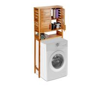 Relaxdays Armoire de machine à laver en bambou, droit, portes en lamelles, 3 supports, armoire WC, HlP 164x66x26 cm,