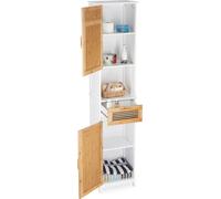 Relaxdays Armoire Haute Salle de Bain, 2 Portes 1 Tiroir, Colonne SDB HxLxP: env. 180x39x30 cm, Bois Bambou Blanc-Nature